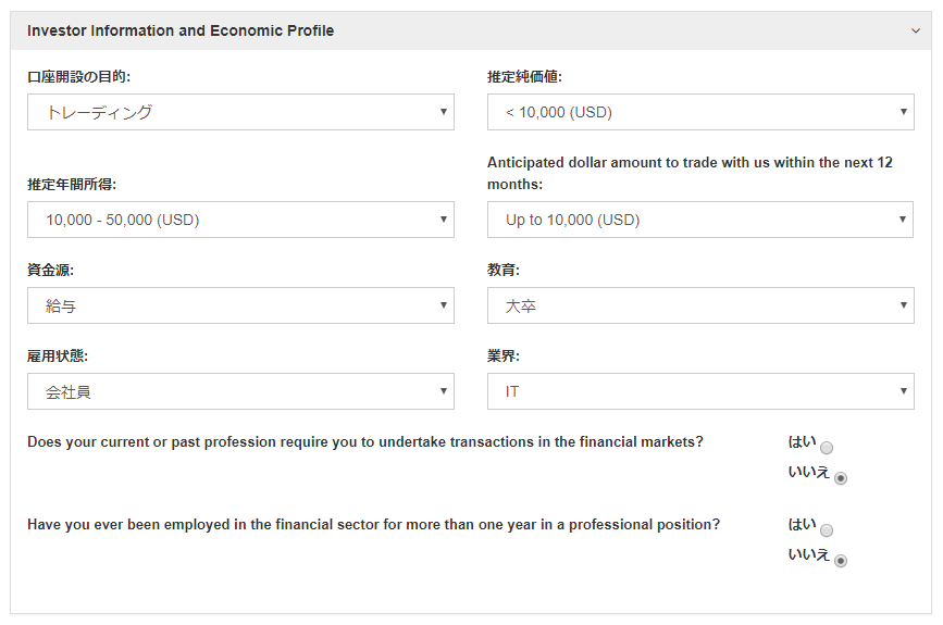 Invester Information and Economic Profileの入力画面